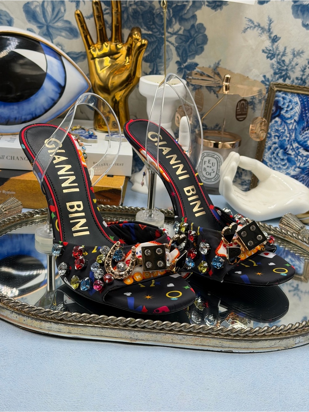 🆕 GIANNI BINI 🧿 NWOB Maverick Printed Casino Martini Heel Sandals, Black, Sz 9 - Picture 14 of 16